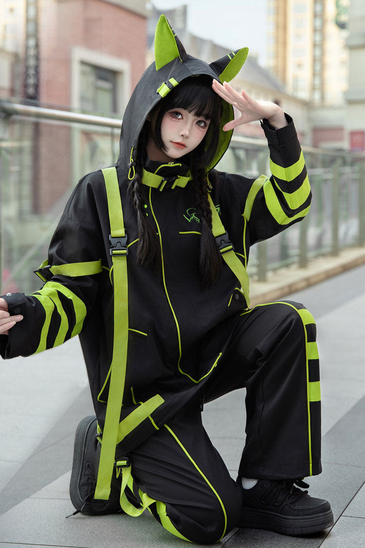 Yellow/Green/Black Long Sleeves Print Cat Ears Hooded Jirai Kei Handsome Coat - Product - 8