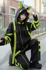 Yellow/Green/Black Long Sleeves Print Cat Ears Hooded Jirai Kei Handsome Coat - Product - 8