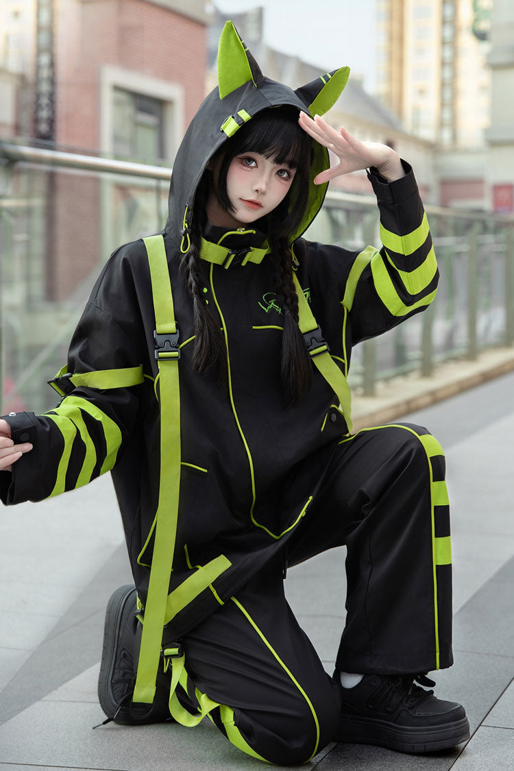 Yellow/Green/Black Long Sleeves Print Cat Ears Hooded Jirai Kei Handsome Coat - Product - 8
