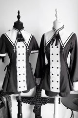 Black/White [Offbeat Confession] Long Short Sleeves Printed Ruffled Bow Gothic Jirai Kei Japanese Dress and Shorts Set - Product - 3