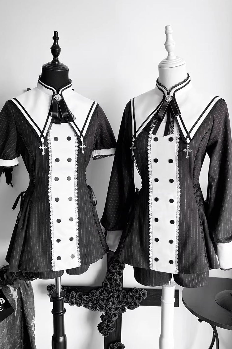 Black/White [Offbeat Confession] Long Short Sleeves Printed Ruffled Bow Gothic Jirai Kei Japanese Dress and Shorts Set - Product - 3