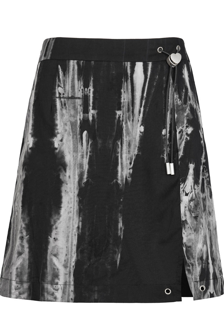 Black/White Hem Side Slit Design Cute Metal Heart Buckle Decoration Tie-Dyed A-Line Short Women's Punk Skirt - Product - 8