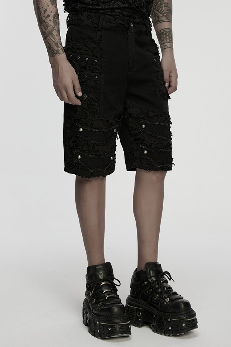 Black Ripped Eyelet Straps Men's Gothic Shorts - Product - 2