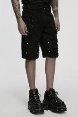 Black Ripped Eyelet Straps Men's Gothic Shorts - Product - 2