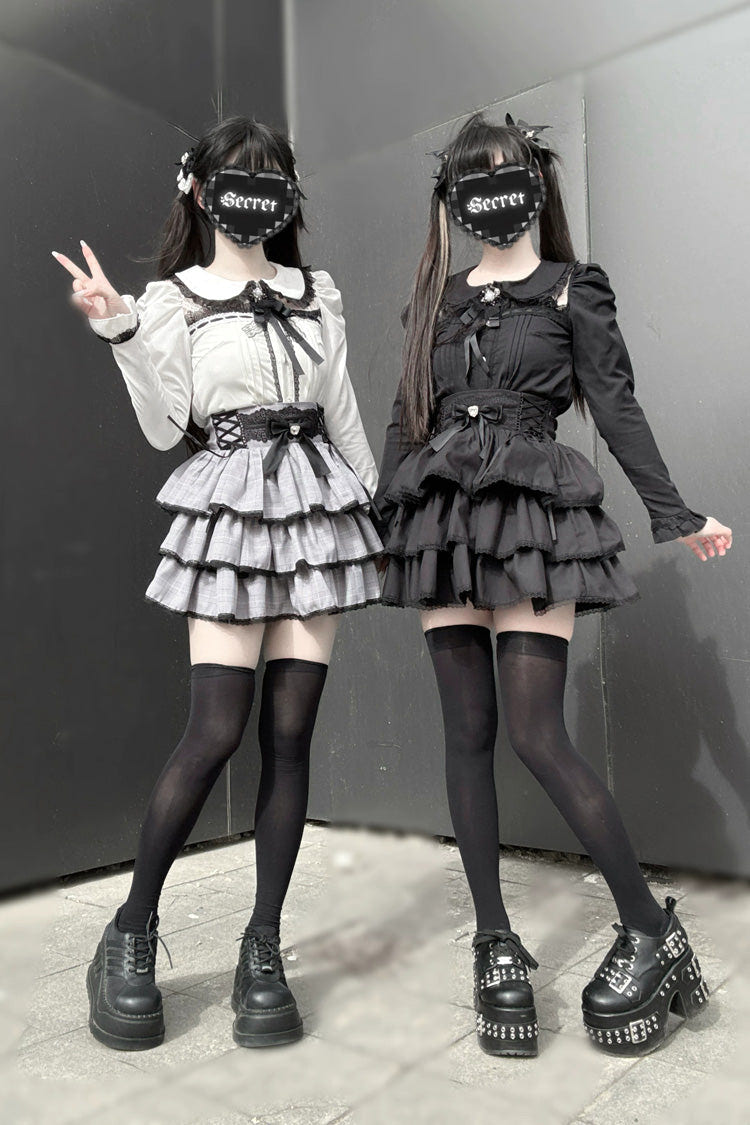 Jirai Kei Doll Collar Long Sleeves Triple-Layered Ruffled Bow Lace Japanese Skirt Blouse Set 2 Colors - Product - 4