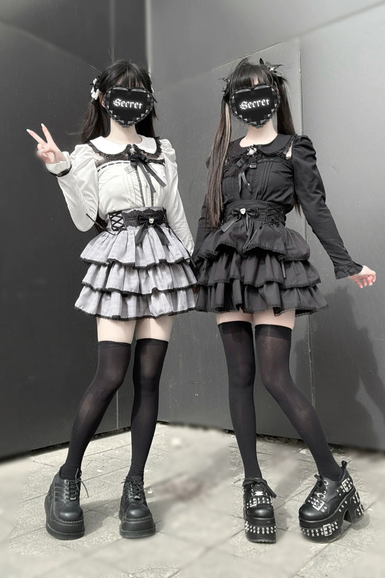 Jirai Kei Doll Collar Long Sleeves Triple-Layered Ruffled Bow Lace Japanese Skirt Blouse Set 2 Colors - Product - 4
