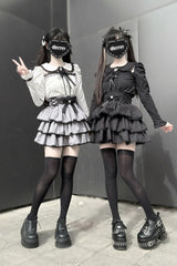 Jirai Kei Doll Collar Long Sleeves Triple-Layered Ruffled Bow Lace Japanese Skirt Blouse Set 2 Colors - Product - 4
