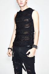 Black Sleeveless Ripped Side Ribbons Lace-Up Hooded Men's Punk T-Shirt - Black - 1