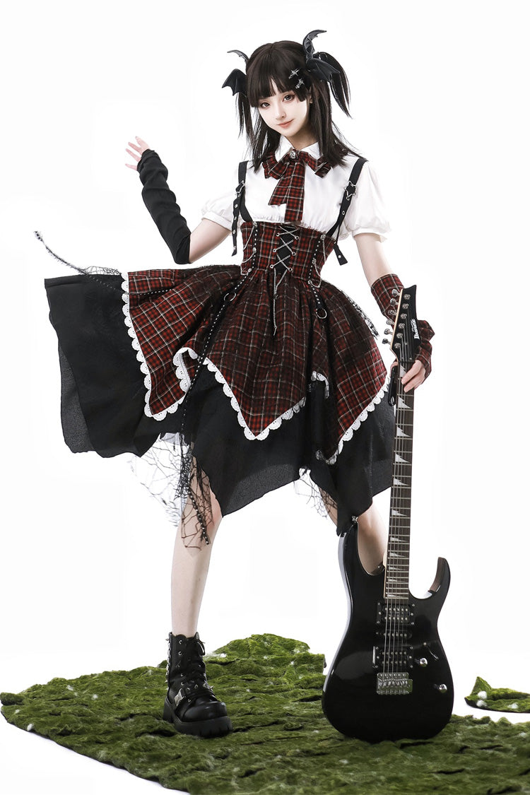 Black/Red [Soul Mantra] Plaid Print Irregular Sweet Lolita Strap Dress - Black/Red - 1
