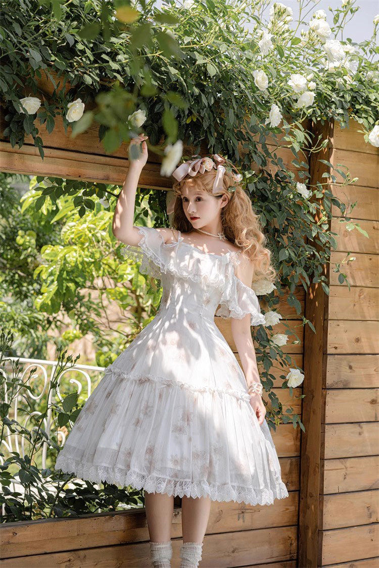 White Sunflower Dance Print Sweet Elegant Princess Lolita Jsk Dress - Product - 6