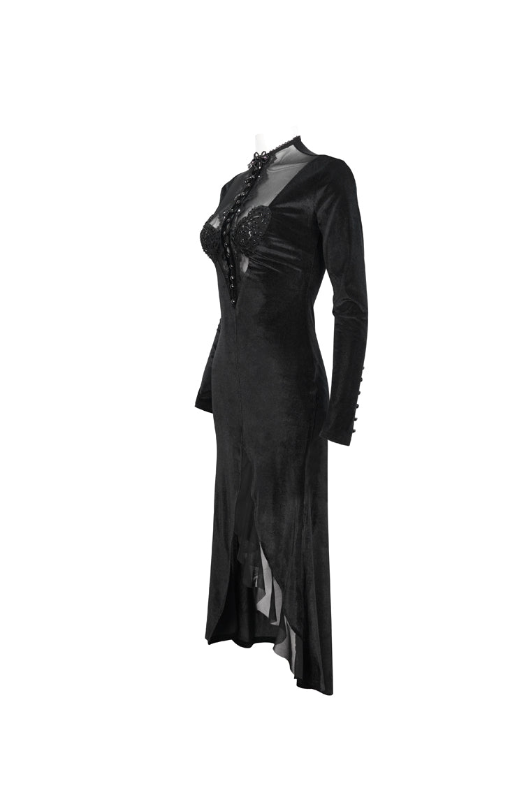 Black Small Stand Collar Cashew Paisley Lace On Chest Mesh Paneled Asymmetrical Hem Long Sleeve Women's Gothic Dress - Product - 8