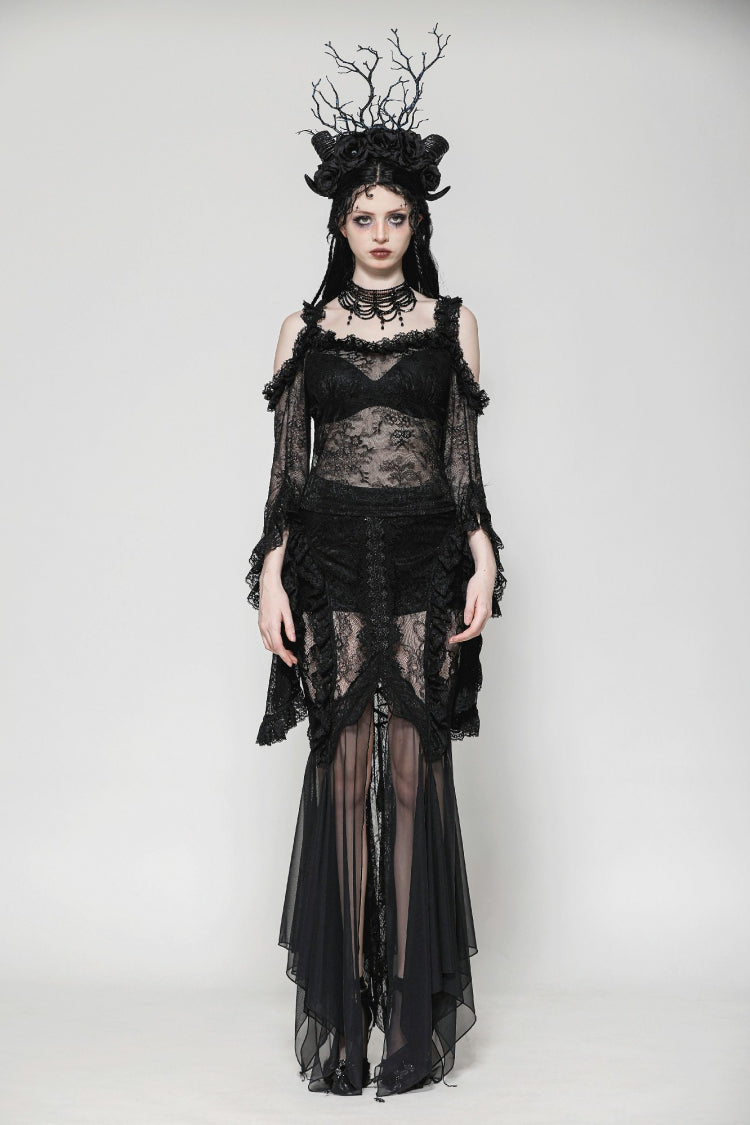 Black Off Shoulder Long Flare Sleeves Lace Women's Gothic Romantic Top - Product - 5