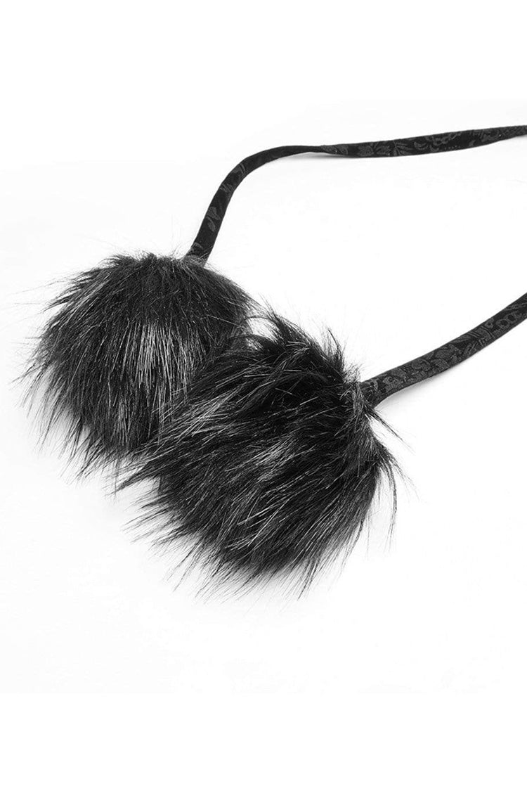 Black Fur Hood Front Fuzzy Ball Bandage Long Women's Gothic Cloak - Product - 7