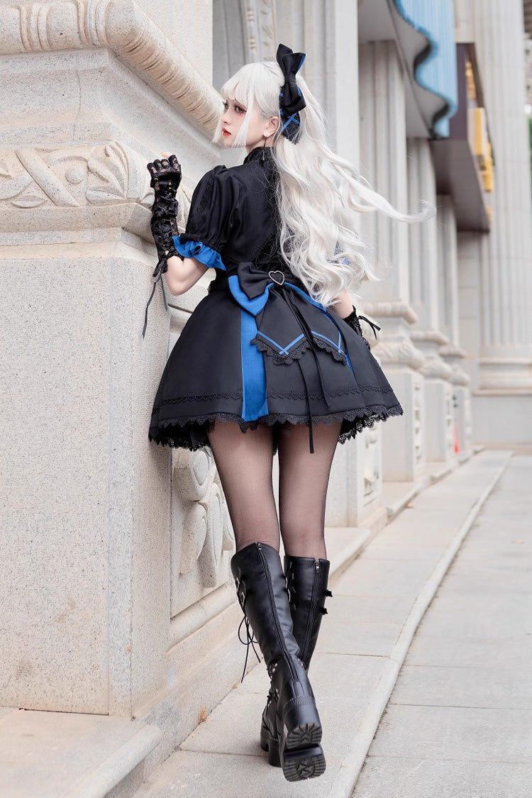 Black/Blue [Night Liana] Ruffle Bowknot Lace-Up Sweet Japanese Lolita Jumper Dress Set - Product - 8