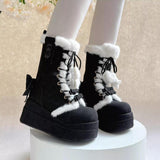 Black Cute Platform Thick-Soled Bowknot Lace-Up Sweet Lolita Plush Boots - Product - 3