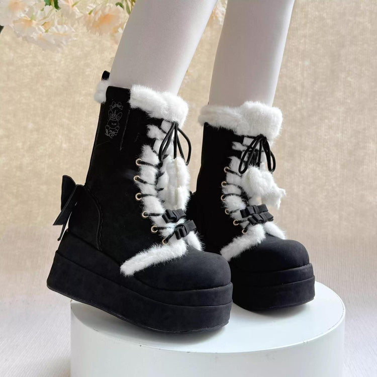 Black Cute Platform Thick-Soled Bowknot Lace-Up Sweet Lolita Plush Boots - Product - 3