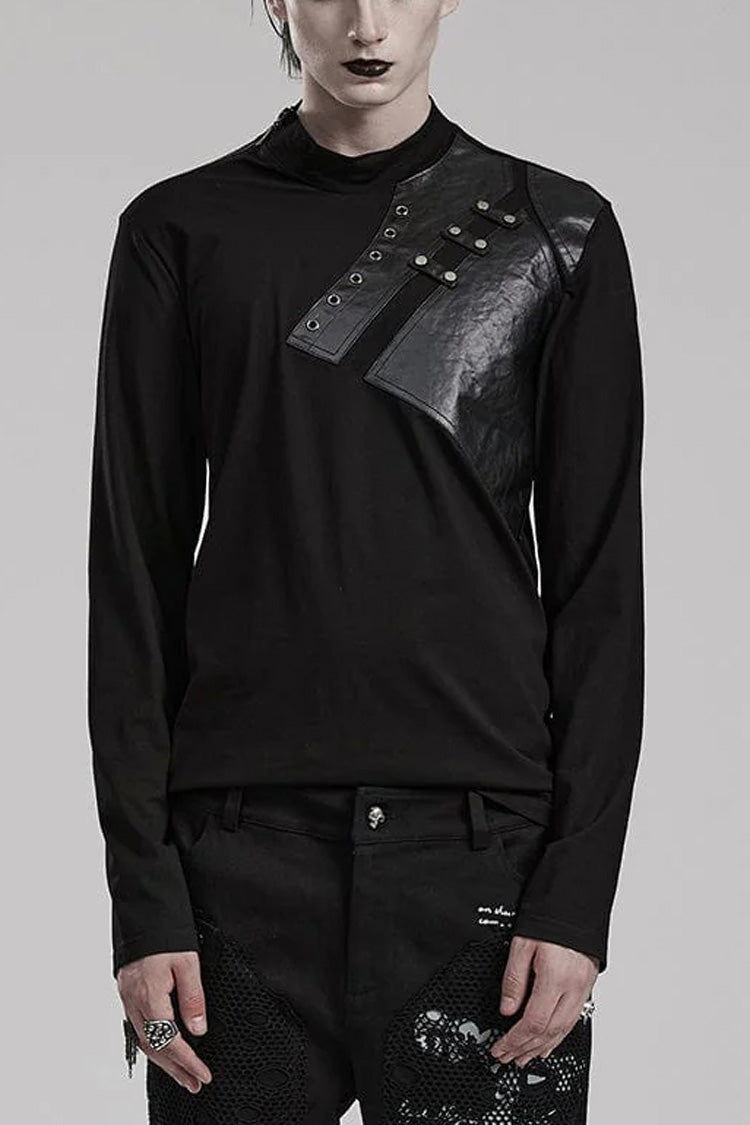 Black Long Sleeves Faux Leather Stitching Mens Steampunk Blouse - Black - 1