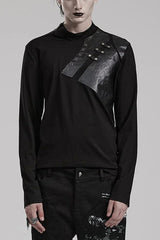 Black Long Sleeves Faux Leather Stitching Mens Steampunk Blouse - Black - 1