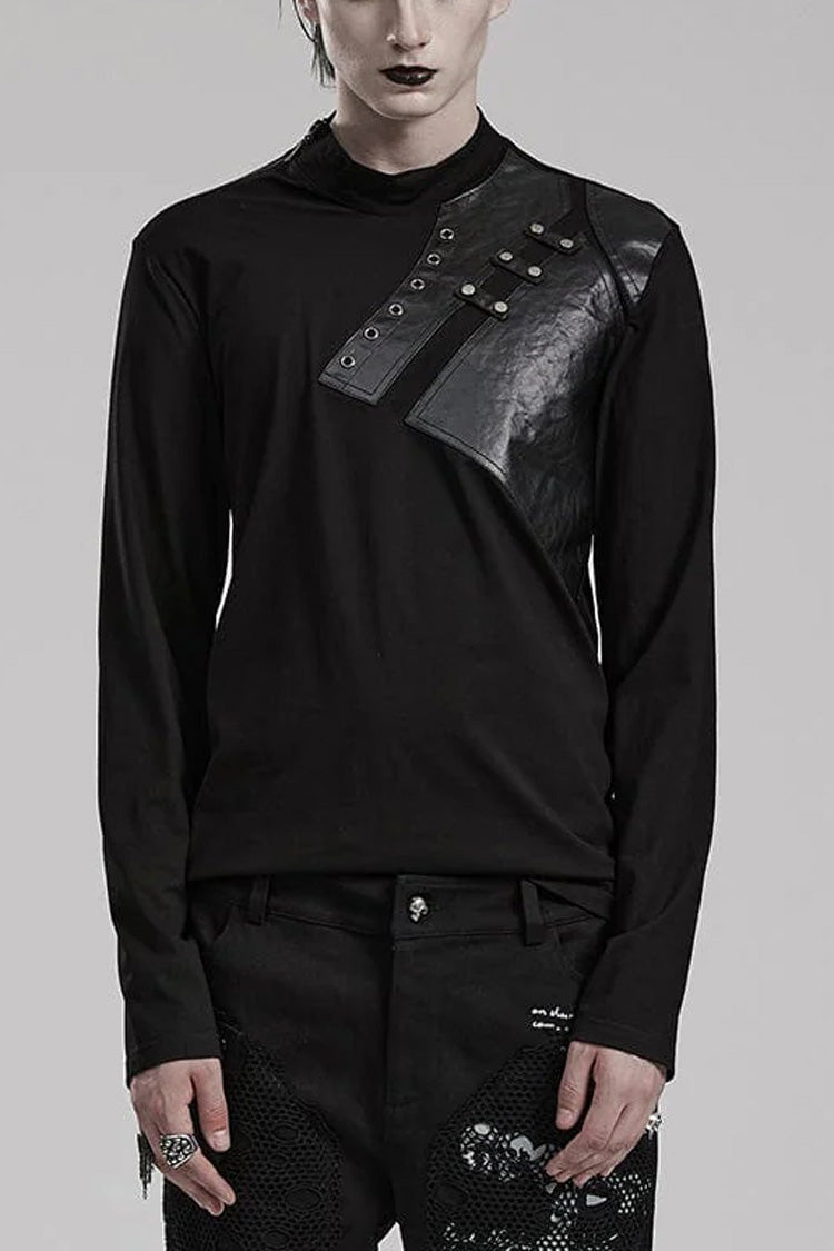 Black Long Sleeves Faux Leather Stitching Mens Steampunk Blouse - Black - 1