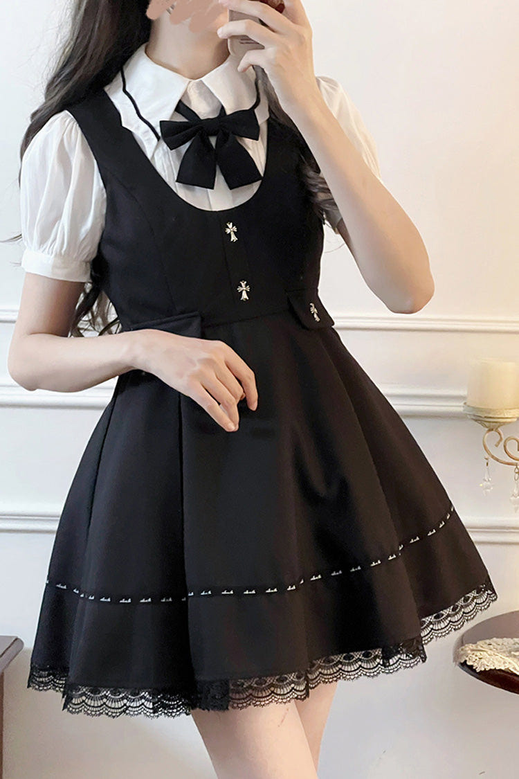 Black Dark Ruffle Bowknot Jirai Kei Jumper Dress - Black - 1