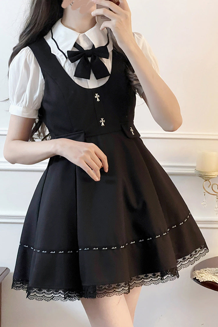 Black Dark Ruffle Bowknot Jirai Kei Jumper Dress - Black - 1