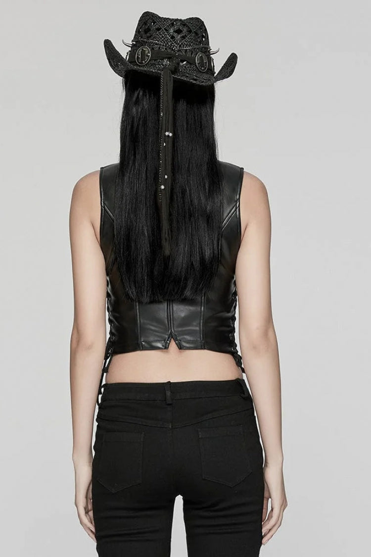 Black Faux Leather V Collar Sleeveless Lace-Up Zipper Women's Punk Vest - Product - 3