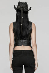 Black Faux Leather V Collar Sleeveless Lace-Up Zipper Women's Punk Vest - Product - 3