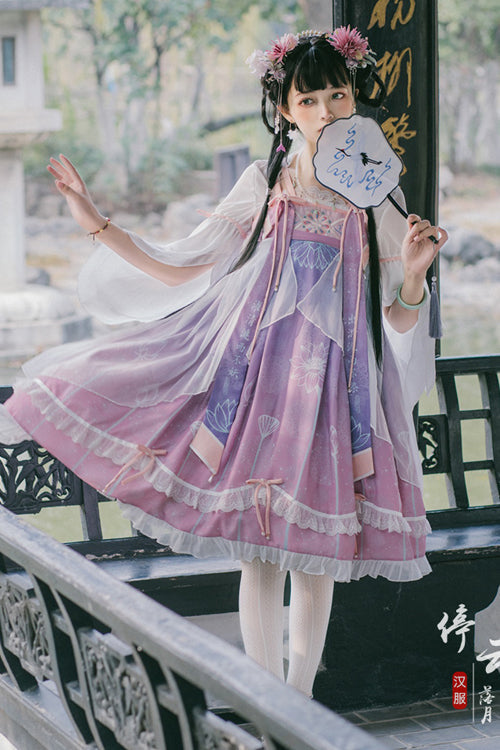 Original Chinese Han Elements Improved Lotus Print Sweet Hanfu Dress Full Set - Product - 2