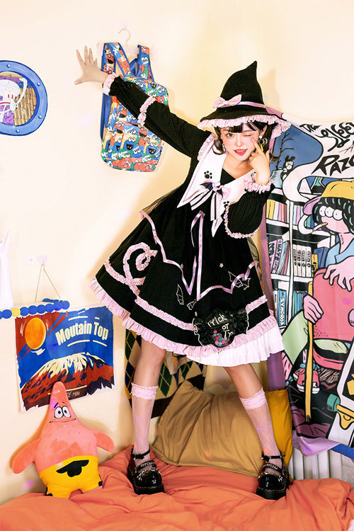 Dark Black High Waisted Purple Ruffled Long Sleeves Lolita OP Gothic Lolita Dress - Product - 4