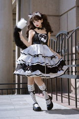 Black/White [Cat Fist] Triple-Layered Ruffle Bowknot Sweet Lolita Jsk Dress - Product - 7