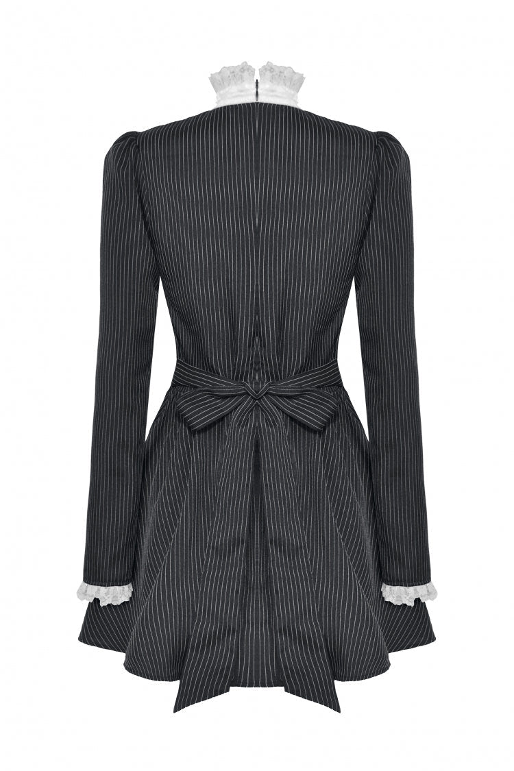 Black/White Striped Ruffled Lace Stand Collar Bow Long Sleeves Lace-Up Women's Gothic Lolita Graduation Dress - Product - 23