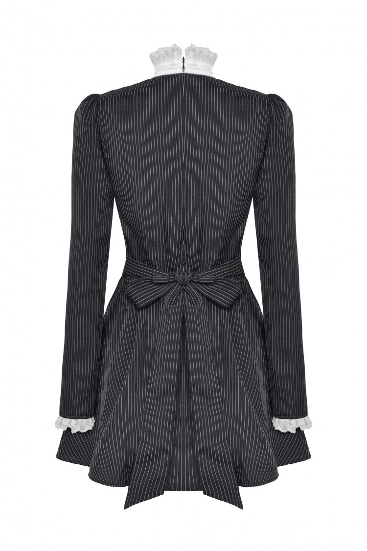 Black/White Striped Ruffled Lace Stand Collar Bow Long Sleeves Lace-Up Women's Gothic Lolita Graduation Dress - Product - 23