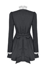 Black/White Striped Ruffled Lace Stand Collar Bow Long Sleeves Lace-Up Women's Gothic Lolita Graduation Dress - Product - 23