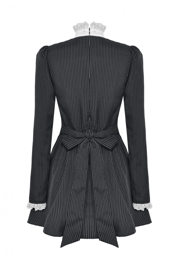Black/White Striped Ruffled Lace Stand Collar Bow Long Sleeves Lace-Up Women's Gothic Lolita Graduation Dress - Product - 23