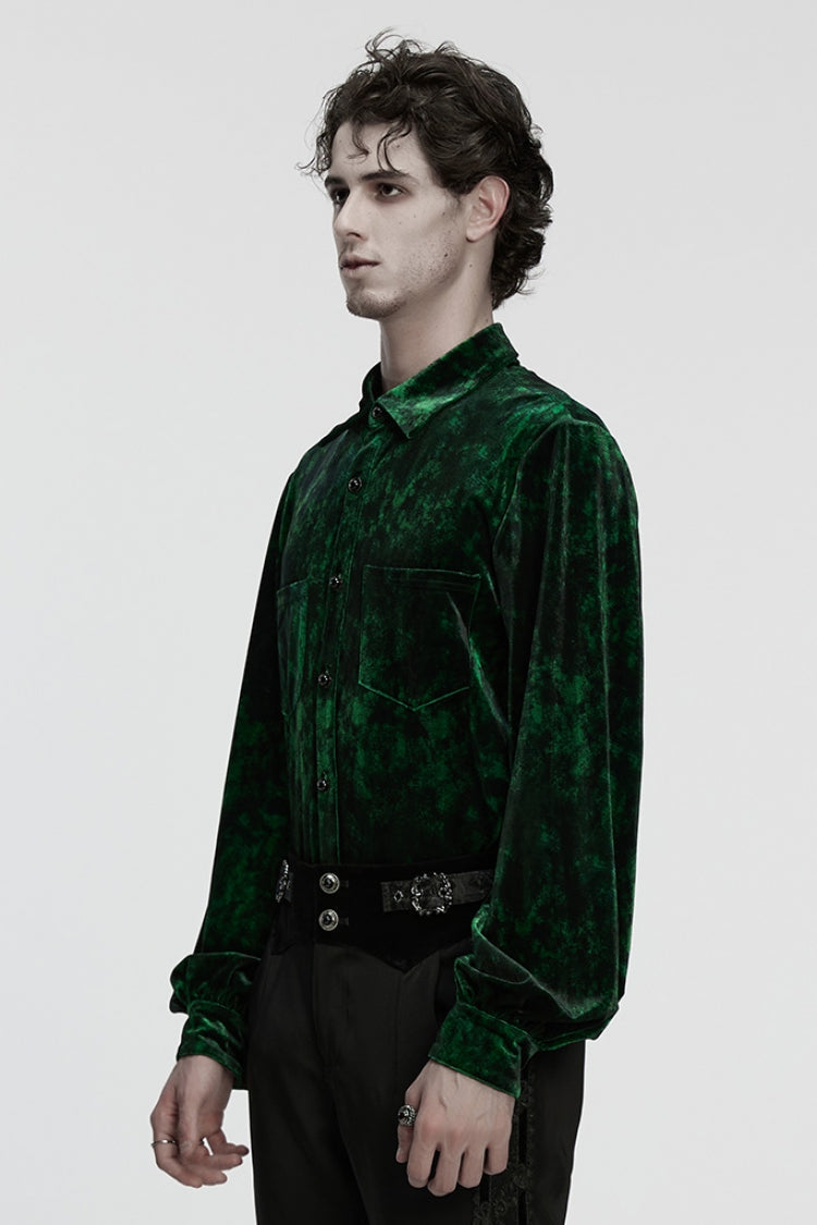 Green Lapel Collar Long Puff Sleeves Men's Gothic Shirt - Product - 2