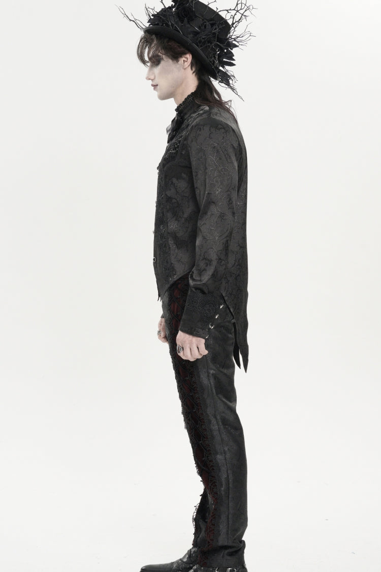 Black Stand Collar Long Sleeves Jacquard Embroidered Bow Lace Men's Gothic Palace Shirt - Product - 6