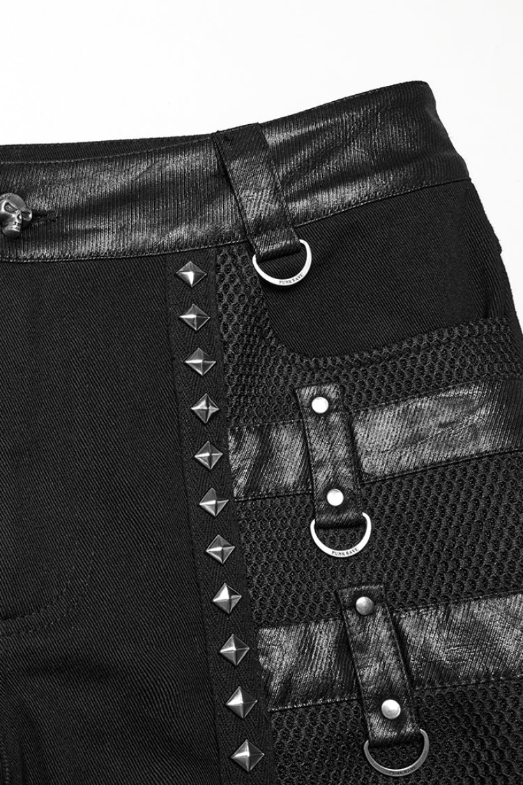 Black Stitching Mesh Buckle Straps Studded Men's Punk Pants - Product - 5