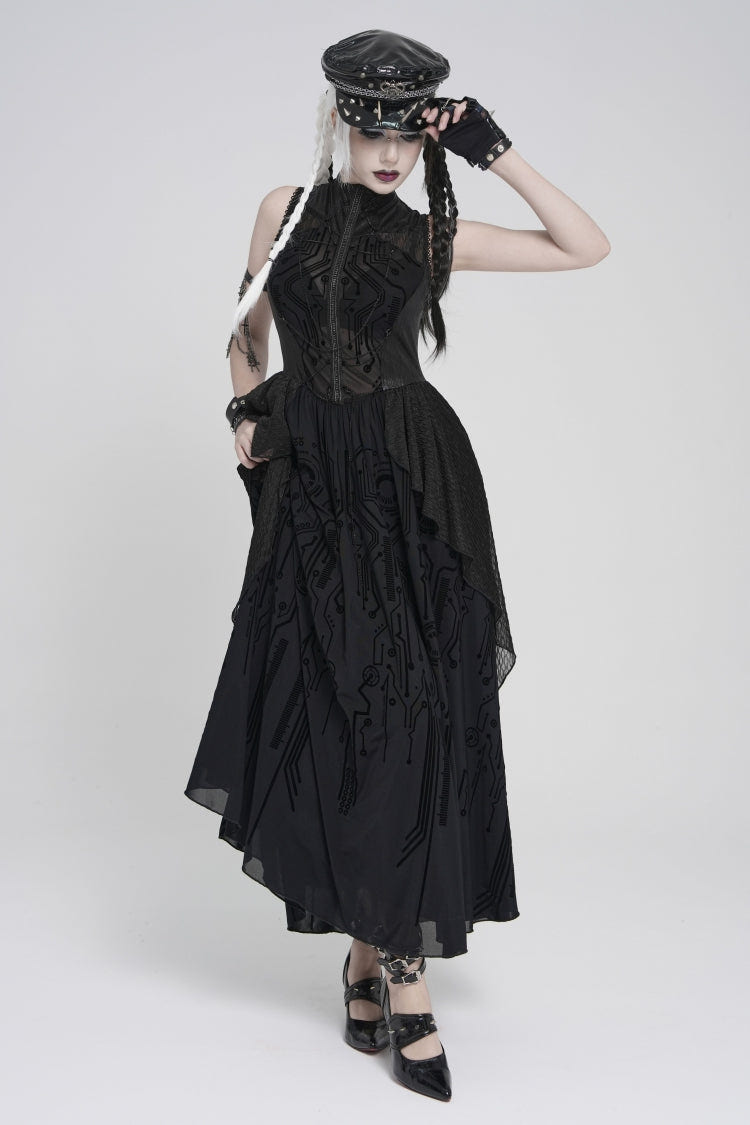 Black Stand Collar Sleeveless Multi-Layered Printed Hanayome Sheer Women's Punk Elegant Gorgeous Dress - Product - 3