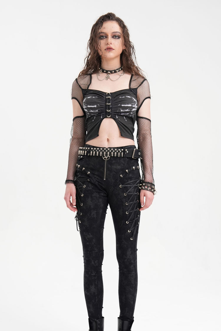 Black Long Sleeves Hollow Mesh Ripped Women's Punk Corset - Product - 6