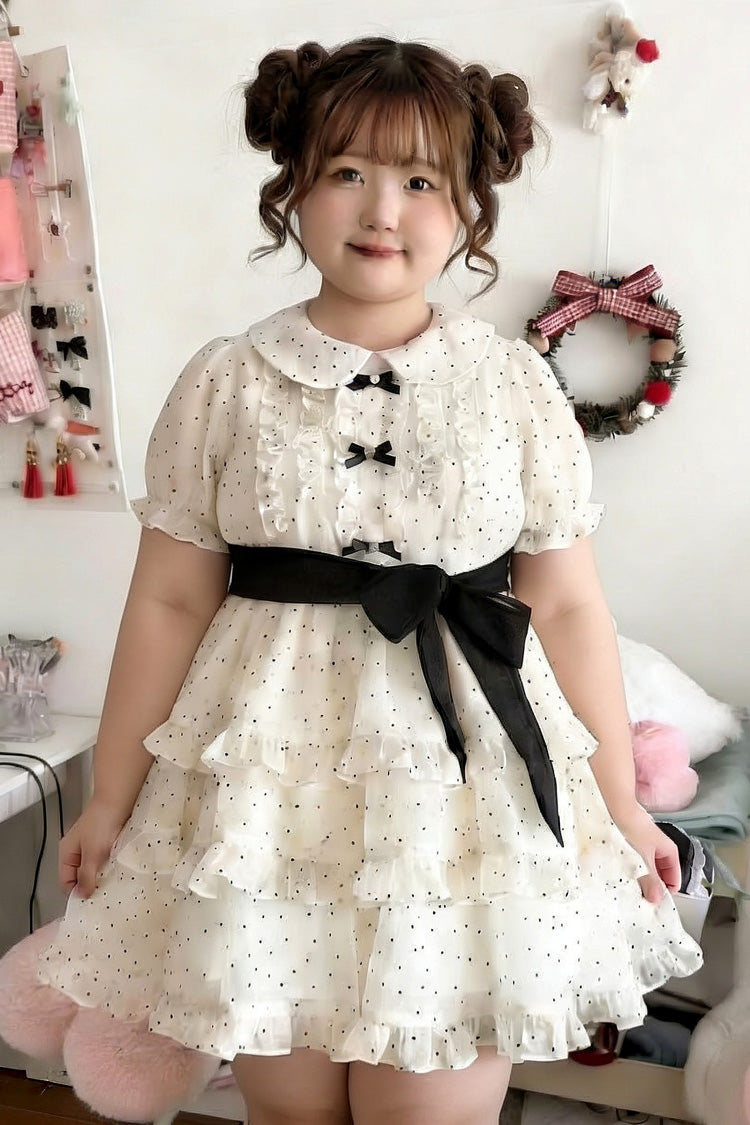 White Doll Collar Short Sleeves Triple-Layered Polka Dots Printed Ruffled Bow Plus Size Princess Sweet Lolita Dress - White - 1