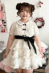 White Doll Collar Short Sleeves Triple-Layered Polka Dots Printed Ruffled Bow Plus Size Princess Sweet Lolita Dress - White - 1