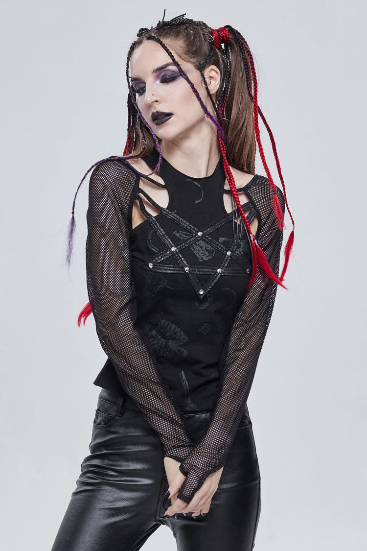 Black Pentagram Leather Striped Long Sleeve Women's Gothic T-Shirt - Product - 2