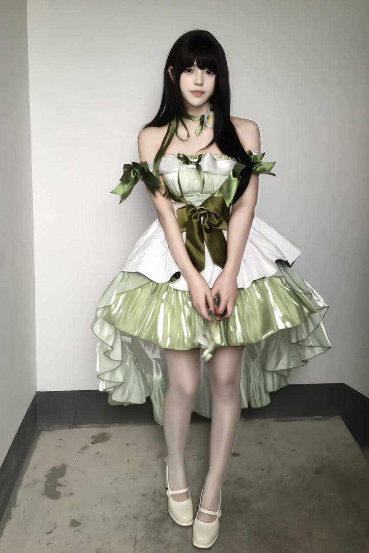 Green [Forest Princess] Off Shoulder Ruffled Bow Patchwork Sweet Lolita Dress - Product - 4