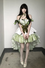 Green [Forest Princess] Off Shoulder Ruffled Bow Patchwork Sweet Lolita Dress - Product - 4