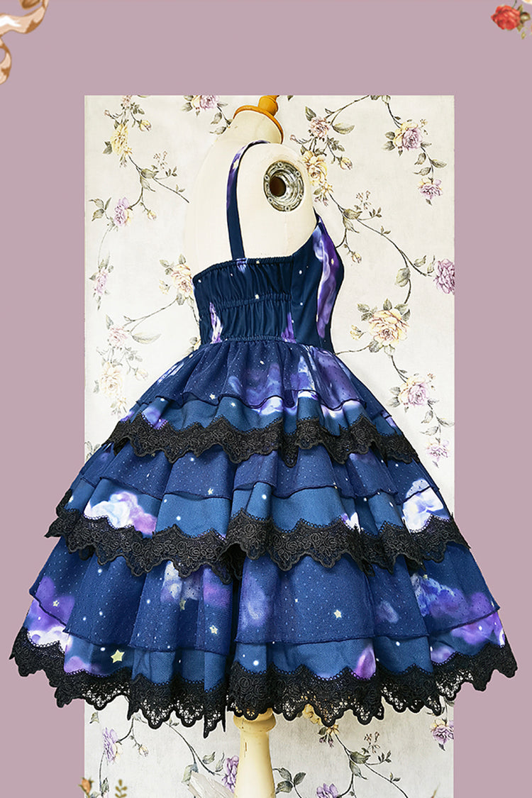 Blue Triple-Layered Clouds Print Ruffle Stitching Lace Sweet Lolita Dress - Product - 8