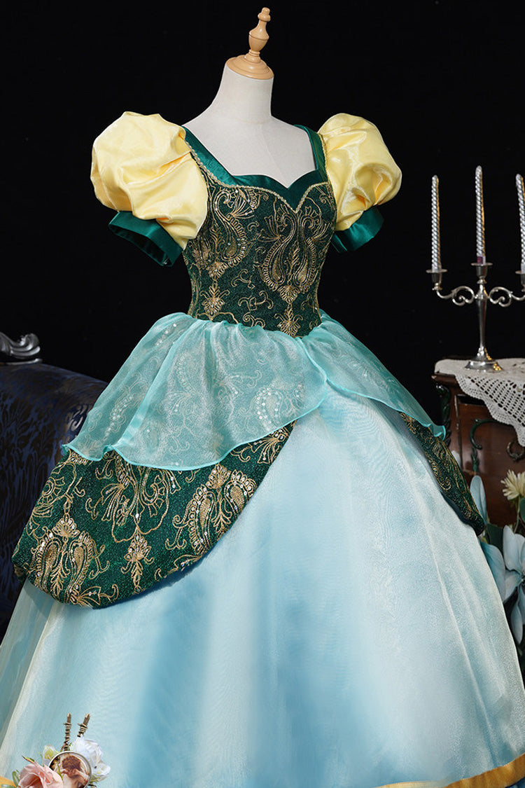 Blue/Green Square Collar Short Lantern Sleeves Multi-Layered Ruffled Embroidered Lace Gothic Vintage Princess Palace Lolita Victorian Dress - Product - 4