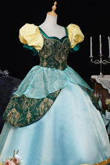 Blue/Green Square Collar Short Lantern Sleeves Multi-Layered Ruffled Embroidered Lace Gothic Vintage Princess Palace Lolita Victorian Dress - Product - 4