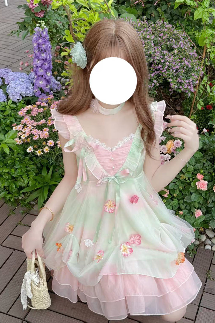 Pink/Green [Dream of Flowers] Sleeveless Print Ruffle Lace Sweet Princess Lolita Jsk Dress - Product - 2