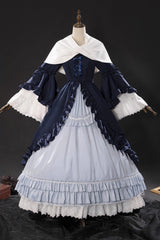 Blue [Loli Detective] Triple-Layered Ruffle Cardigan Bowknot Gothic Lolita Victorian Dress Set - Blue - 1