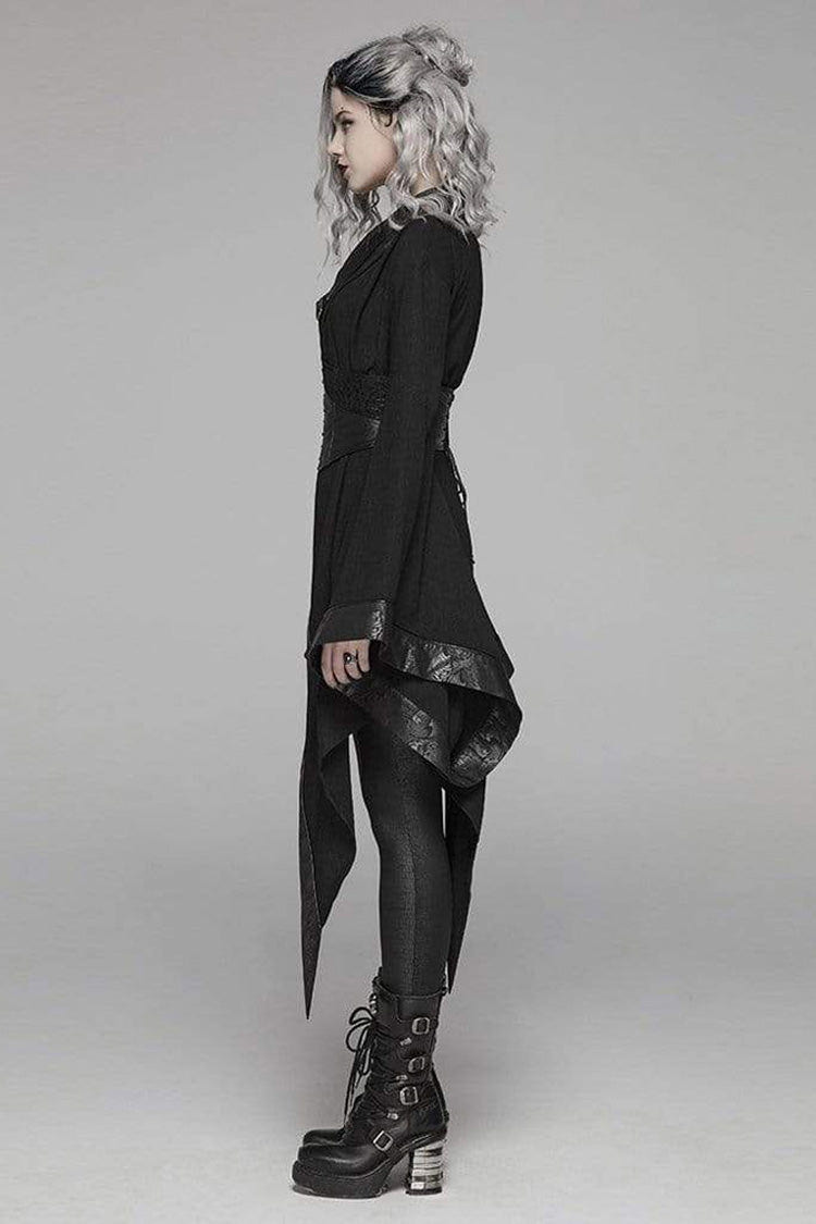 Black V Neck Metal Buckle Strap Waist Lace-Up Flare Sleeve Wave Printing Asymmetric Hem Kimono Women's Punk  Dress - Product - 3